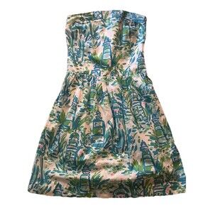 Lilly Pulitzer Lighthouse Blue Green Strapless Midi Dress XS